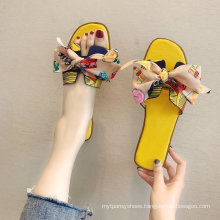 2021 Summer Open Toe Platform Colorful ribbons bow-knot Slide Sandals Sexy Leopard Print Bohemian Slippers Women Flat Sandals